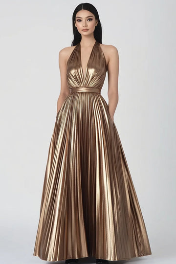 Gold A Line Pleated Long Evening Dress